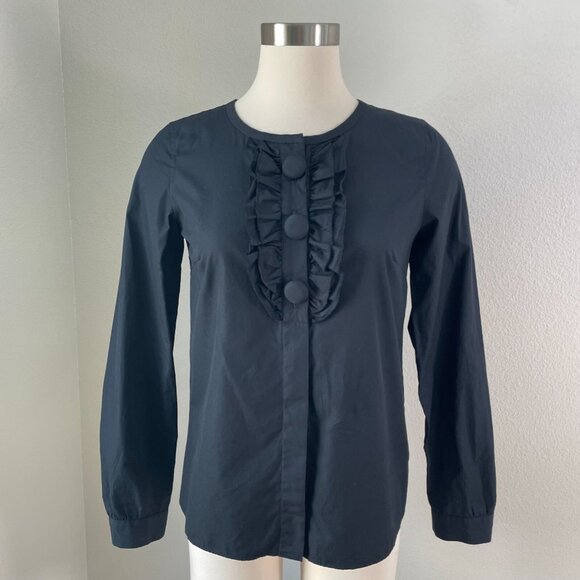 NEW J Crew Womens Size 2 Black Ruffle Front Button Up Shirt Long Sleeve Top - Picture 1 of 8